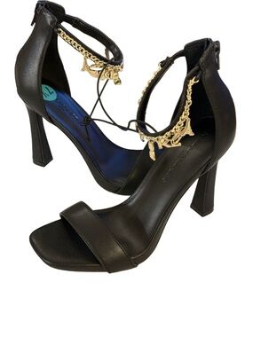 Karl Lagerfeld Black Leather Ankle-Strap Heels with Gold Chain Charm